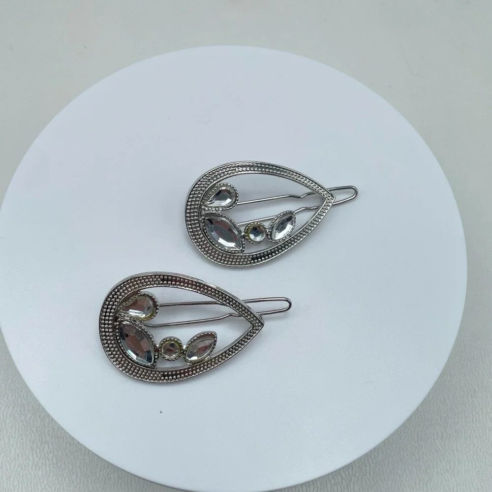 Vintage 80s Teardrop Hair Clips Set Gold & Silver Tone Rhinestone Bobby Pins Y2K